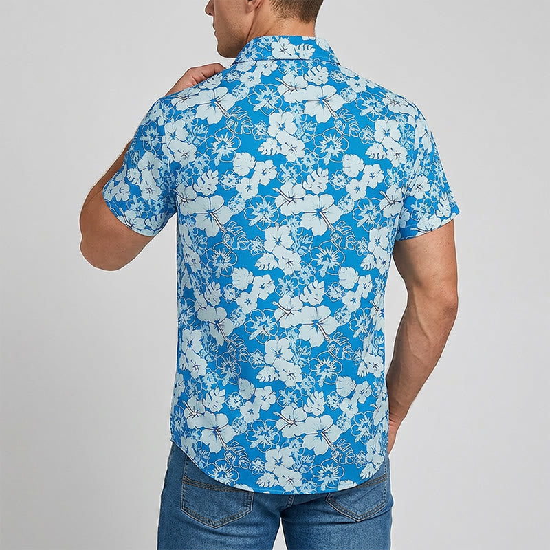 Zweifarbige Herren-Freizeithemden mit Hibiskus-Blumenmuster in Blau für den Strand - image 3