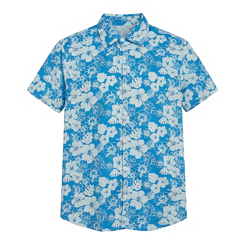 Zweifarbige Herren-Freizeithemden mit Hibiskus-Blumenmuster in Blau für den Strand - image 8