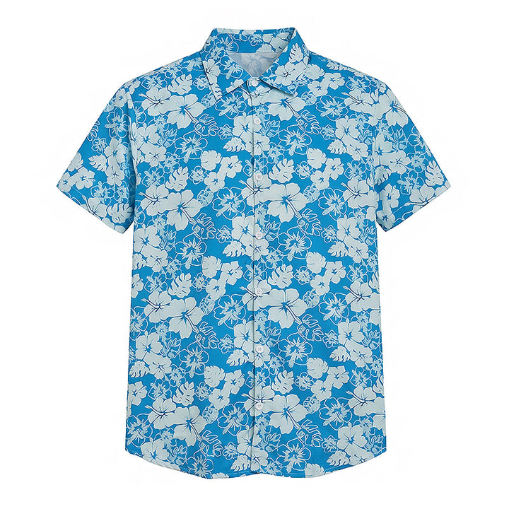 Zweifarbige Herren-Freizeithemden mit Hibiskus-Blumenmuster in Blau für den Strand - image 8