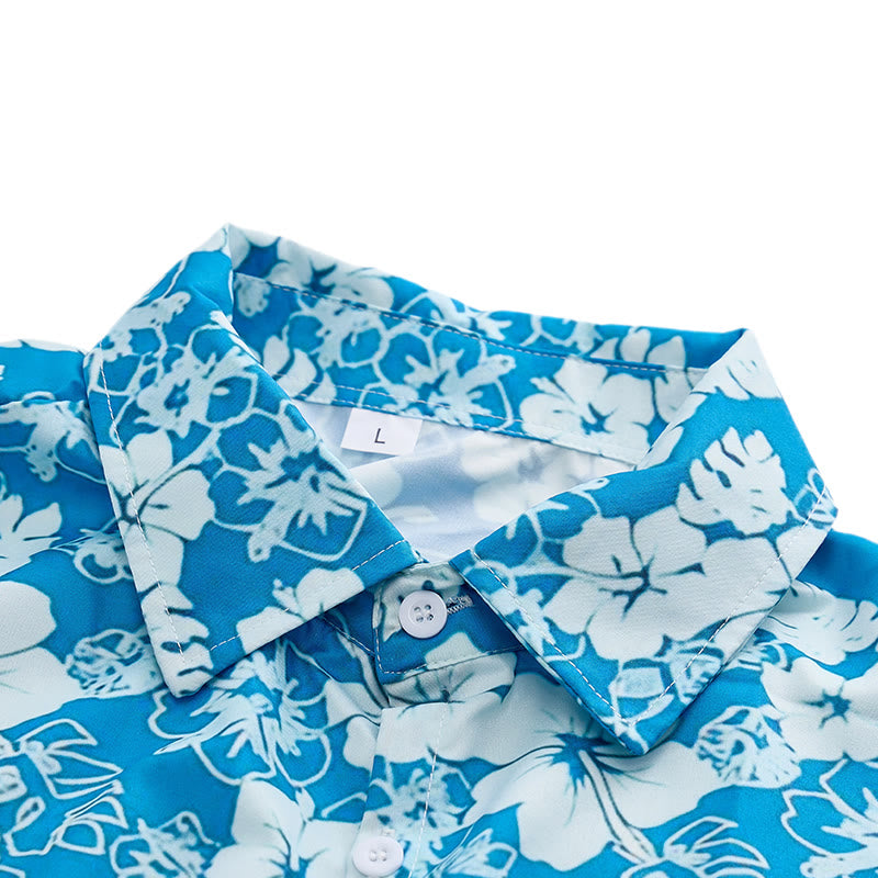 Zweifarbige Herren-Freizeithemden mit Hibiskus-Blumenmuster in Blau für den Strand - image 4