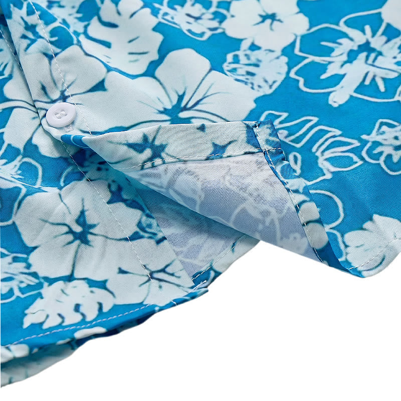 Zweifarbige Herren-Freizeithemden mit Hibiskus-Blumenmuster in Blau für den Strand - image 6