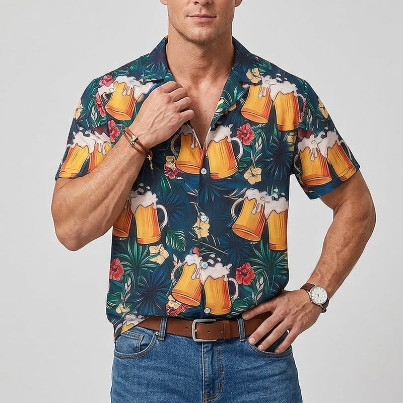 Herren-Bierkrug mit tropischem Palmen- und Blumenmuster, lässige Hawaiihemden - image 1