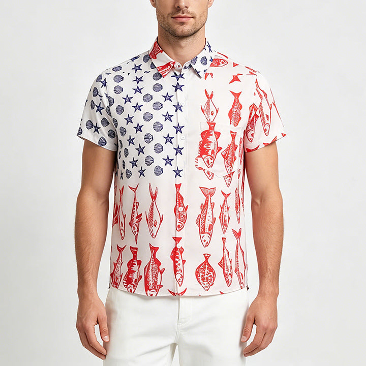 Kurzarmhemd mit patriotischem Aufdruck der amerikanischen Flagge und Fischen - image 1