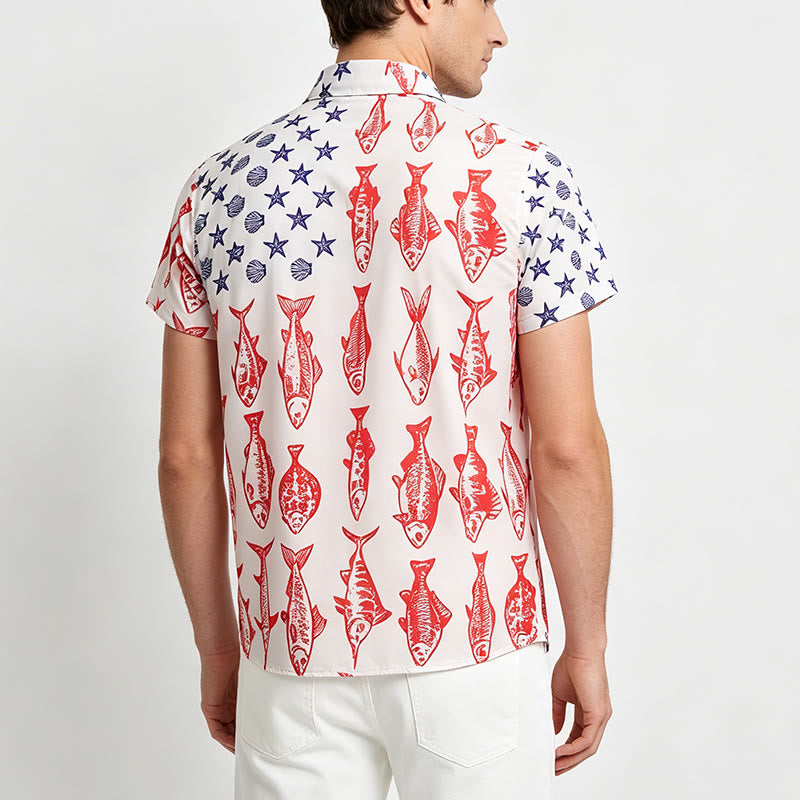 Kurzarmhemd mit patriotischem Aufdruck der amerikanischen Flagge und Fischen - image 3