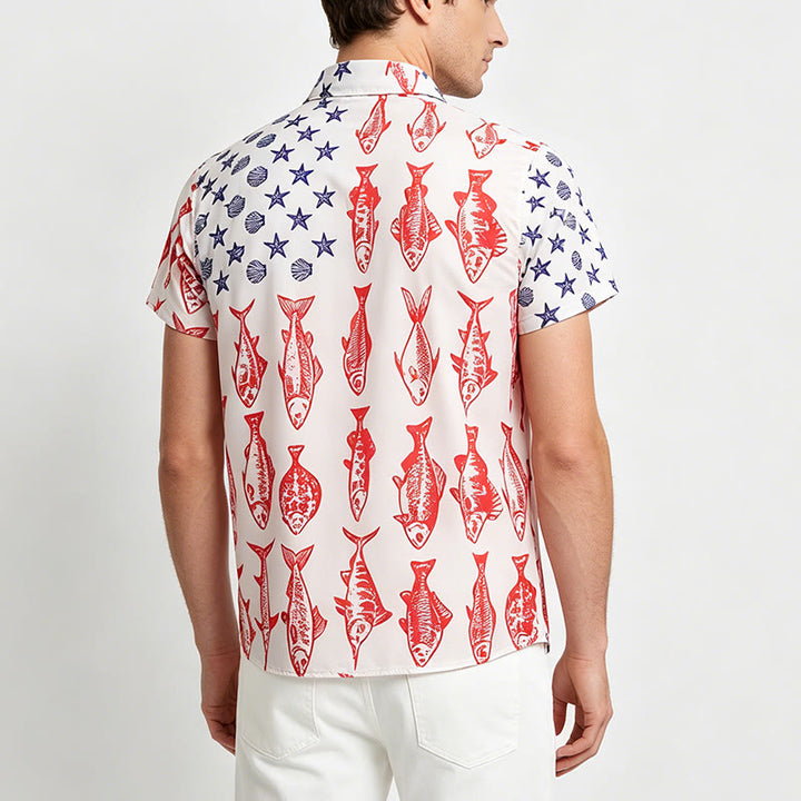 Kurzarmhemd mit patriotischem Aufdruck der amerikanischen Flagge und Fischen - image 3