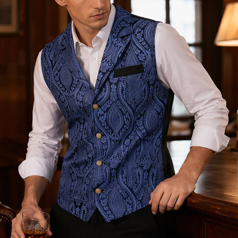 Viktorianische Herren-Anzugweste aus Chenille mit floralem Jacquard-Muster im Gothic-Stil - Blau - 2XL - image 0