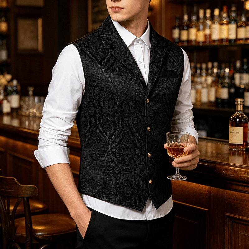 Viktorianische Herren-Anzugweste aus Chenille mit floralem Jacquard-Muster im Gothic-Stil - Schwarz - 2XL - image 4