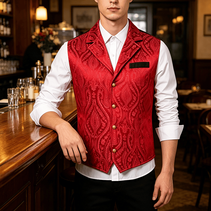 Viktorianische Herren-Anzugweste aus Chenille mit floralem Jacquard-Muster im Gothic-Stil - Wein - 2XL - image 5