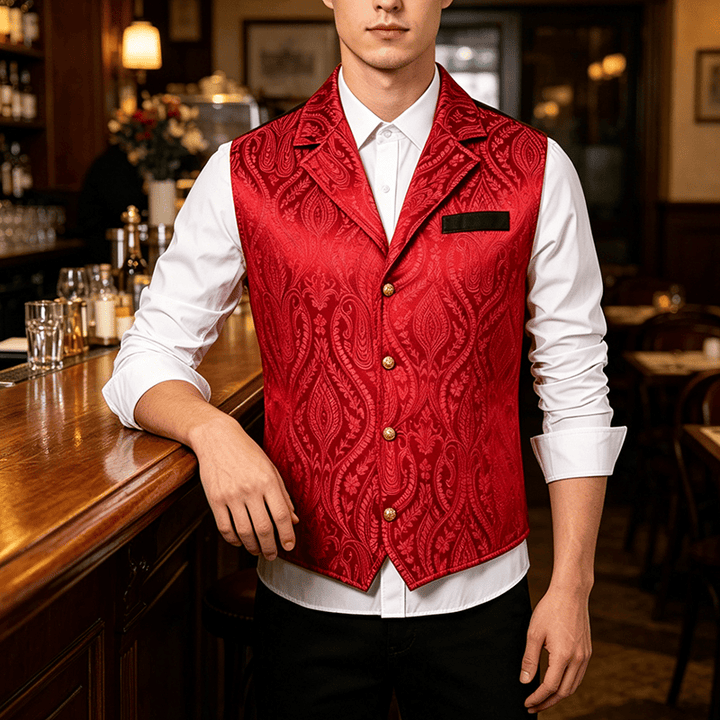 Viktorianische Herren-Anzugweste aus Chenille mit floralem Jacquard-Muster im Gothic-Stil - Wein - 2XL - image 5
