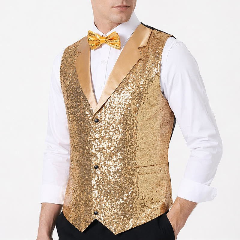 2-teiliger Herren-Partyanzug mit goldener Pailletten-Glitzerweste und Fliege - image 3