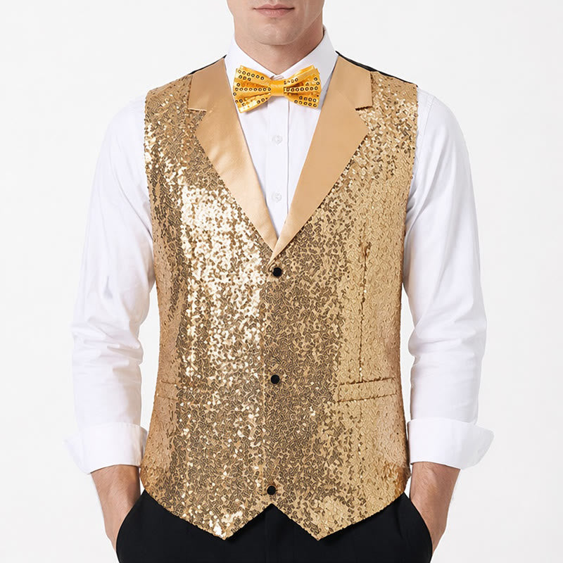 2-teiliger Herren-Partyanzug mit goldener Pailletten-Glitzerweste und Fliege - image 1