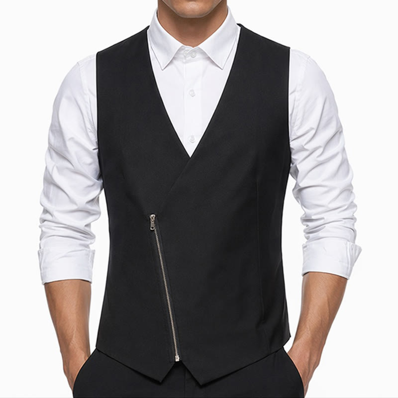 Moderne Herren-Anzugweste mit V-Ausschnitt, asymmetrischem Reißverschluss - image 6