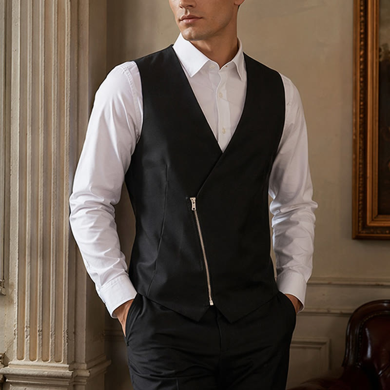 Moderne Herren-Anzugweste mit V-Ausschnitt, asymmetrischem Reißverschluss - Schwarz - 2XL - image 4