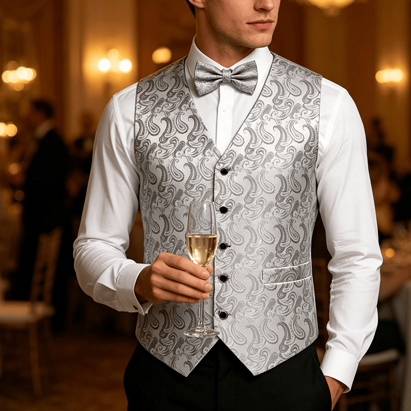 Herren-Anzugweste mit Paisley-Blumenmuster und Fliege - Weiß & Silber - 3XL - Enthält eine kostenlose Fliege - image 5