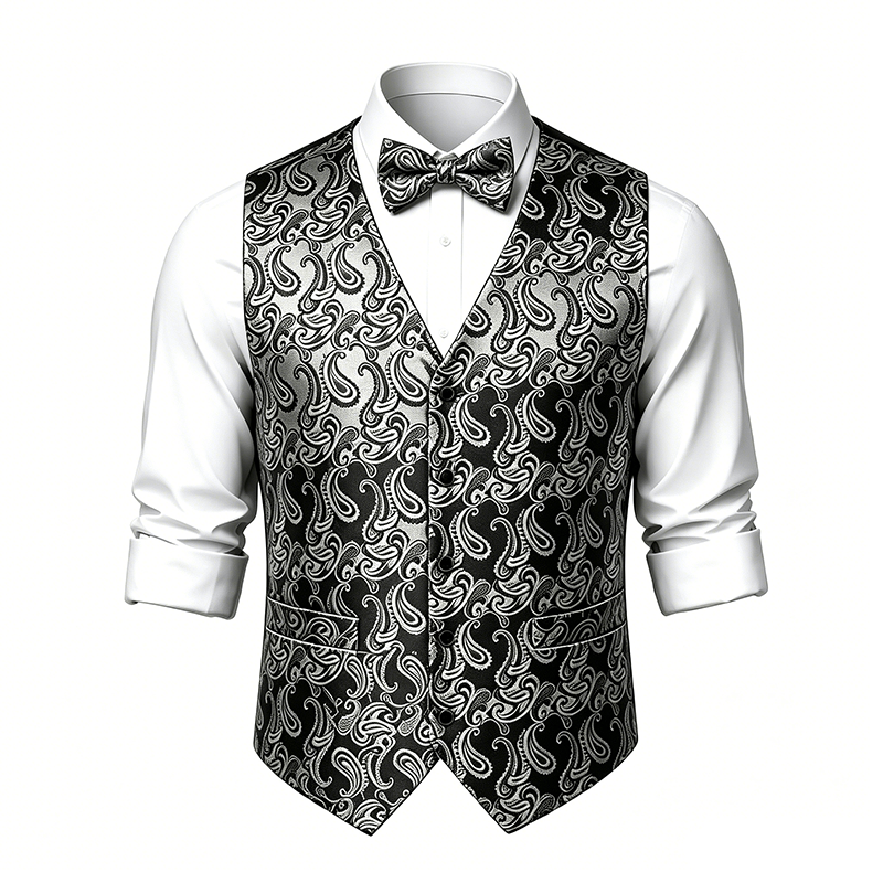 Herren-Anzugweste mit Paisley-Blumenmuster und Fliege - image 20