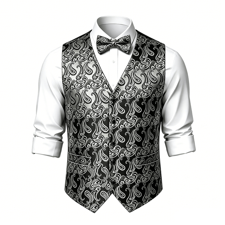 Herren-Anzugweste mit Paisley-Blumenmuster und Fliege - image 20