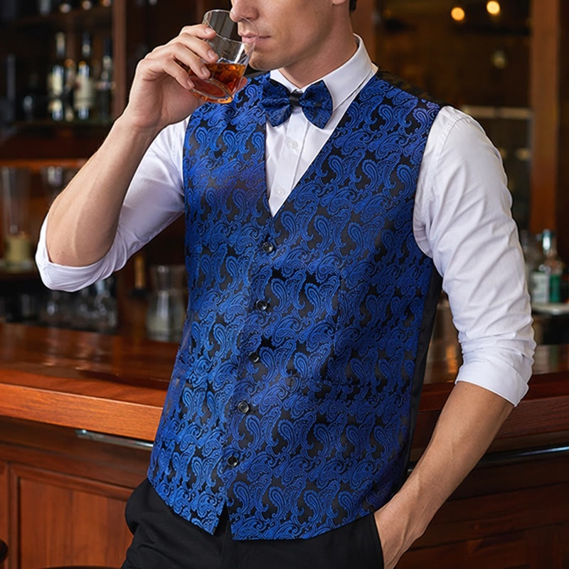 Herren-Anzugweste mit Paisley-Blumenmuster und Fliege - Schwarz & Königsblau - 3XL - Enthält eine kostenlose Fliege - image 0