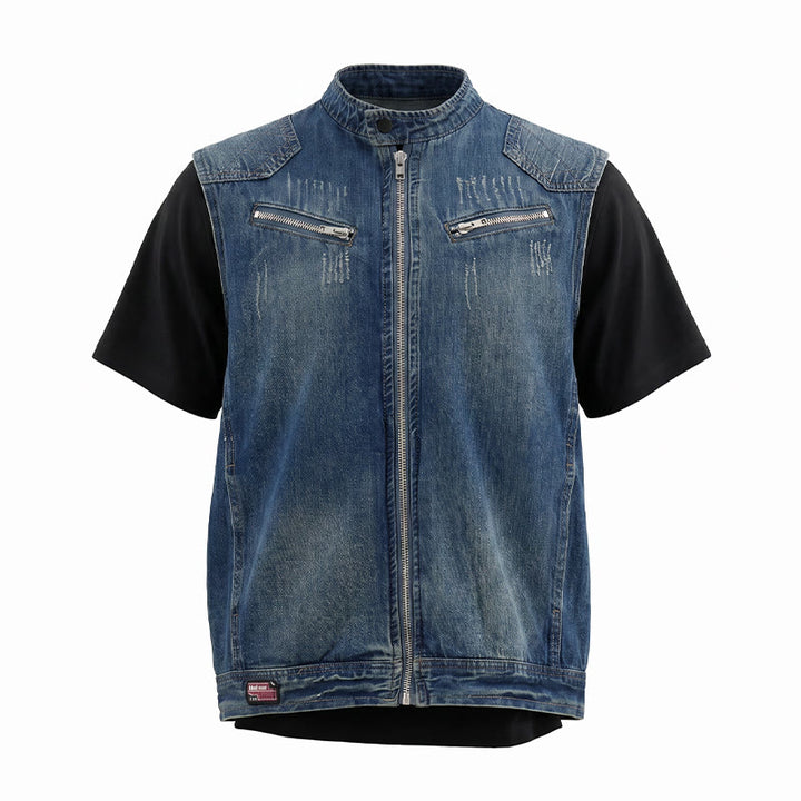 Urban Rebel Herren-Jeansweste im Biker-Stil mit Reißverschluss aus gewaschenem Denim - image 8
