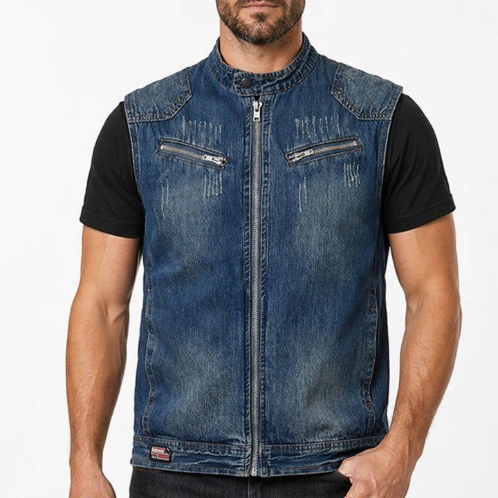 Urban Rebel Herren-Jeansweste im Biker-Stil mit Reißverschluss aus gewaschenem Denim - image 1