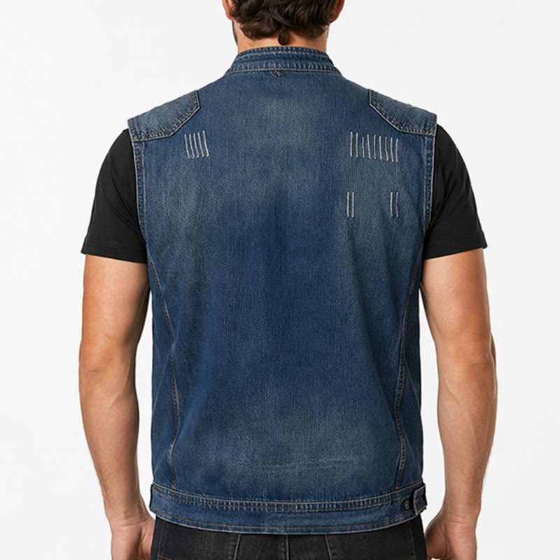Urban Rebel Herren-Jeansweste im Biker-Stil mit Reißverschluss aus gewaschenem Denim - image 2