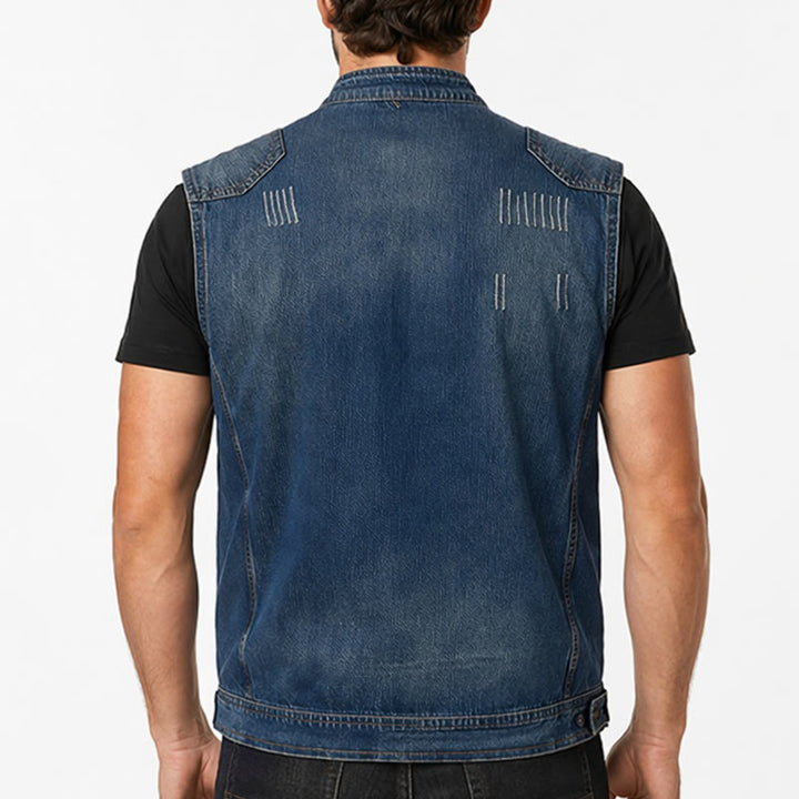 Urban Rebel Herren-Jeansweste im Biker-Stil mit Reißverschluss aus gewaschenem Denim - image 2