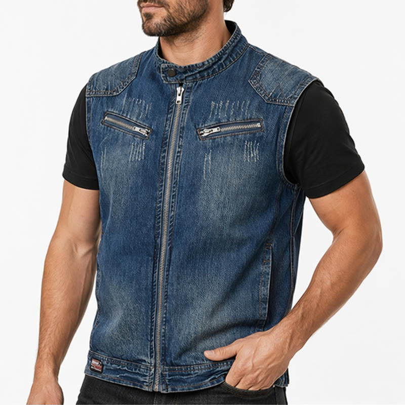 Urban Rebel Herren-Jeansweste im Biker-Stil mit Reißverschluss aus gewaschenem Denim - image 3