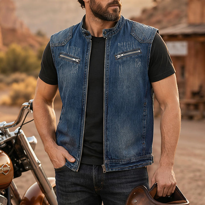 Urban Rebel Herren-Jeansweste im Biker-Stil mit Reißverschluss aus gewaschenem Denim - Blau - 6XL - image 0