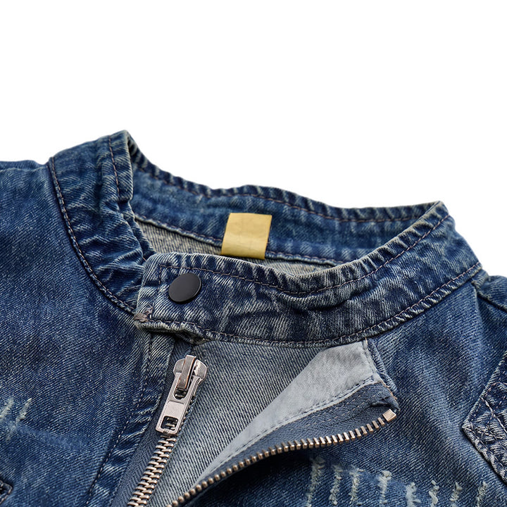 Urban Rebel Herren-Jeansweste im Biker-Stil mit Reißverschluss aus gewaschenem Denim - image 4