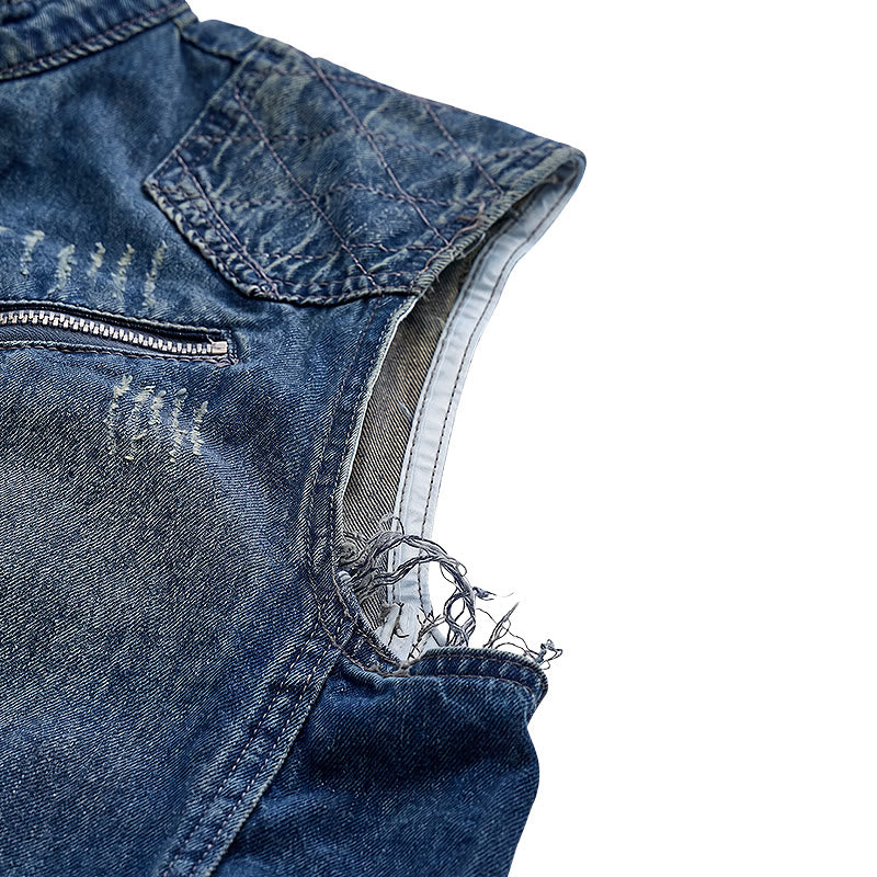 Urban Rebel Herren-Jeansweste im Biker-Stil mit Reißverschluss aus gewaschenem Denim - image 7