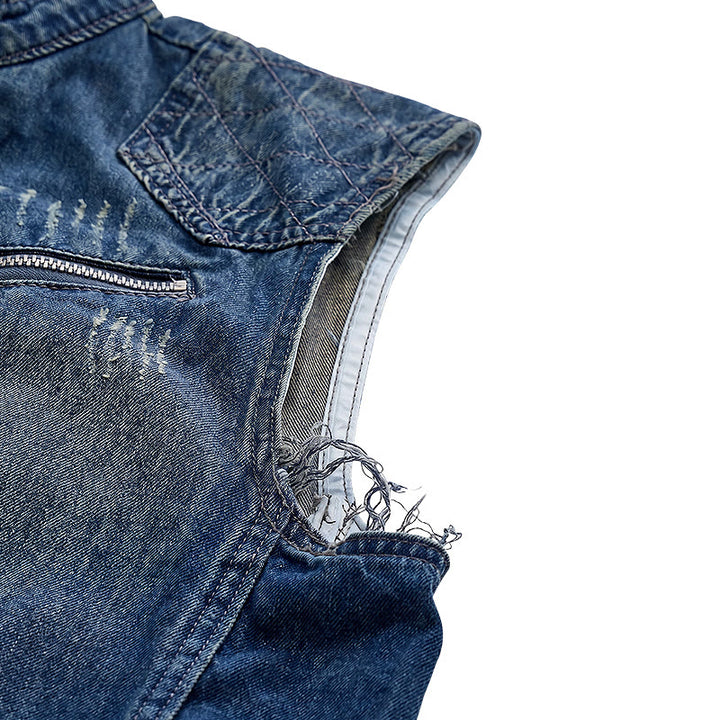 Urban Rebel Herren-Jeansweste im Biker-Stil mit Reißverschluss aus gewaschenem Denim - image 7