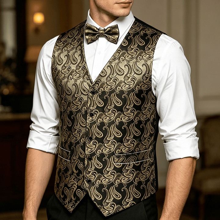 Herren-Anzugweste mit Paisley-Blumenmuster und Fliege - Schwarz & Gold - 3XL - Enthält eine kostenlose Fliege - image 4