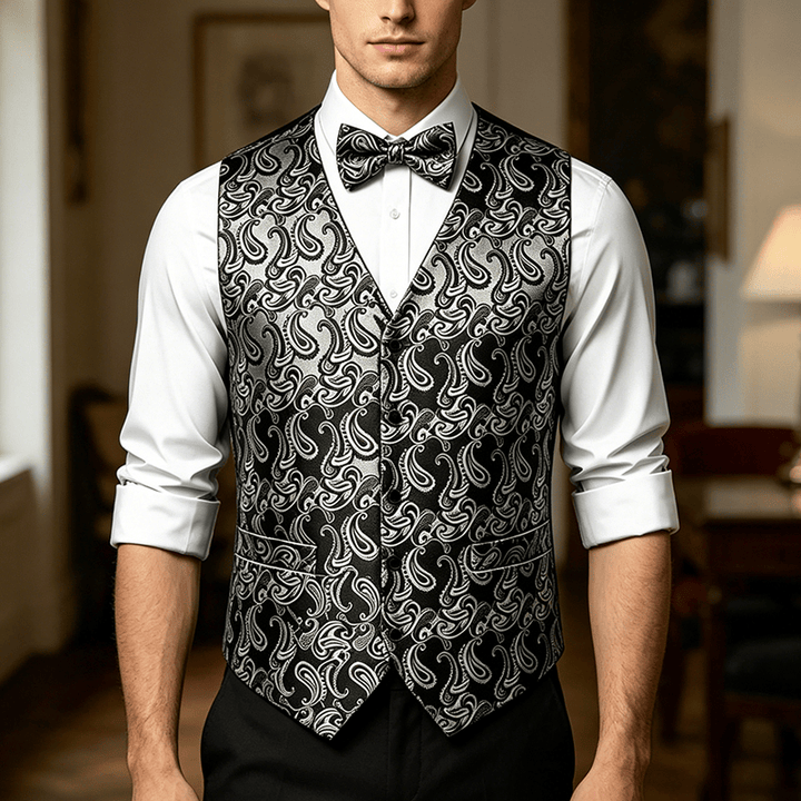 Herren-Anzugweste mit Paisley-Blumenmuster und Fliege - Schwarz & Silber - 3XL - Enthält eine kostenlose Fliege - image 6