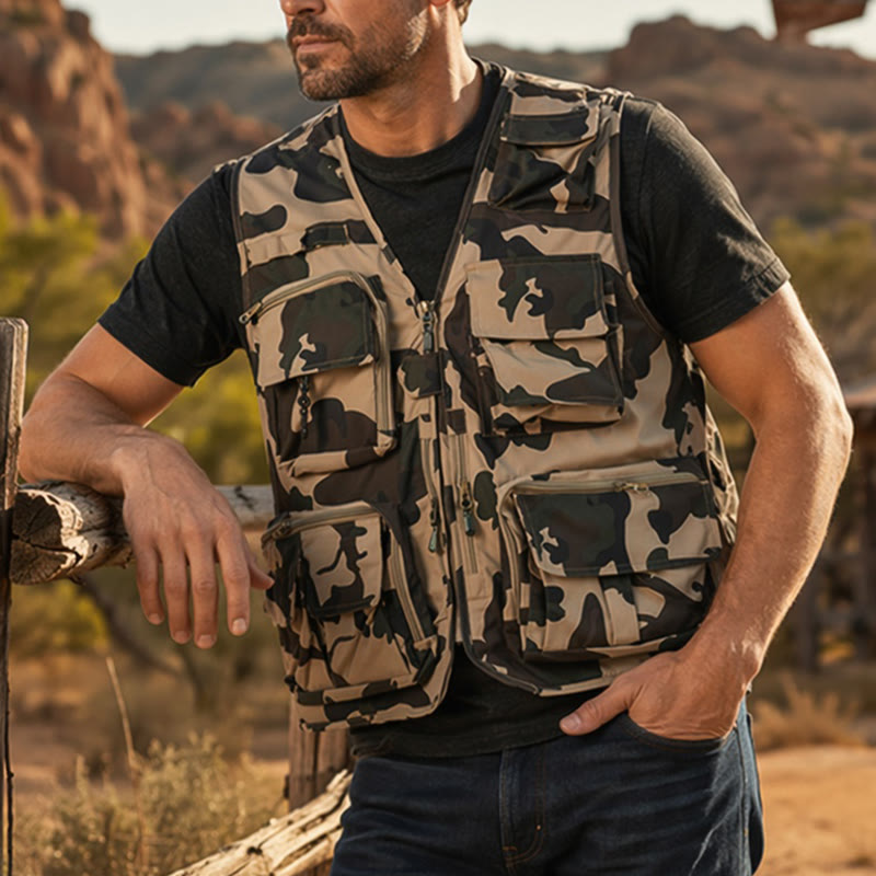 Tarn-Jagdweste mit mehreren Taschen, leichtem Netzfutter - Khaki-Tarnmuster - 7XL - image 0