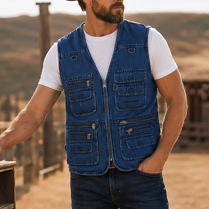 Ärmellose Vintage-Jeansweste aus Techwear mit mehreren Reißverschlüssen - Blau - 4XL - image 4