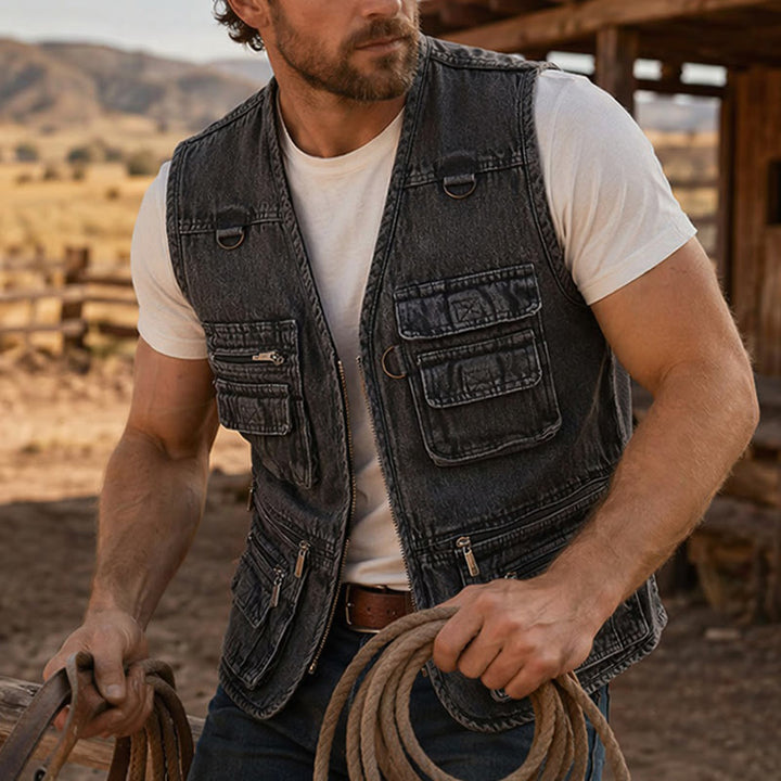 Ärmellose Vintage-Jeansweste aus Techwear mit mehreren Reißverschlüssen - Schwarz - 4XL - image 0