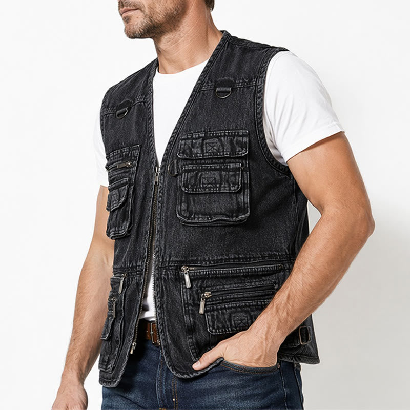 Ärmellose Vintage-Jeansweste aus Techwear mit mehreren Reißverschlüssen - image 3