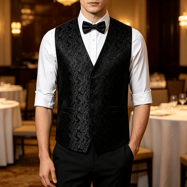 Herren-Anzugweste mit Paisley-Blumenmuster und Fliege - Schwarz - 3XL - Enthält eine kostenlose Fliege - image 8