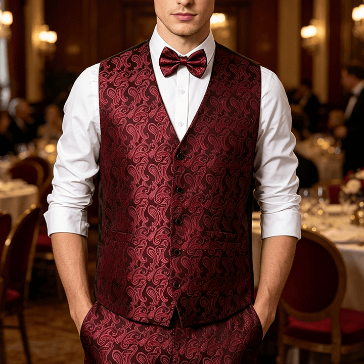 Herren-Anzugweste mit Paisley-Blumenmuster und Fliege - Schwarz & Rot - 3XL - Enthält eine kostenlose Fliege - image 7