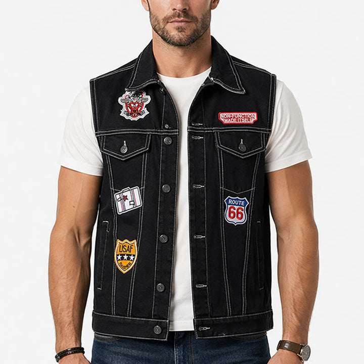 Highway Rebel Patchwork-Jeansweste aus schwarzem Denim - image 1