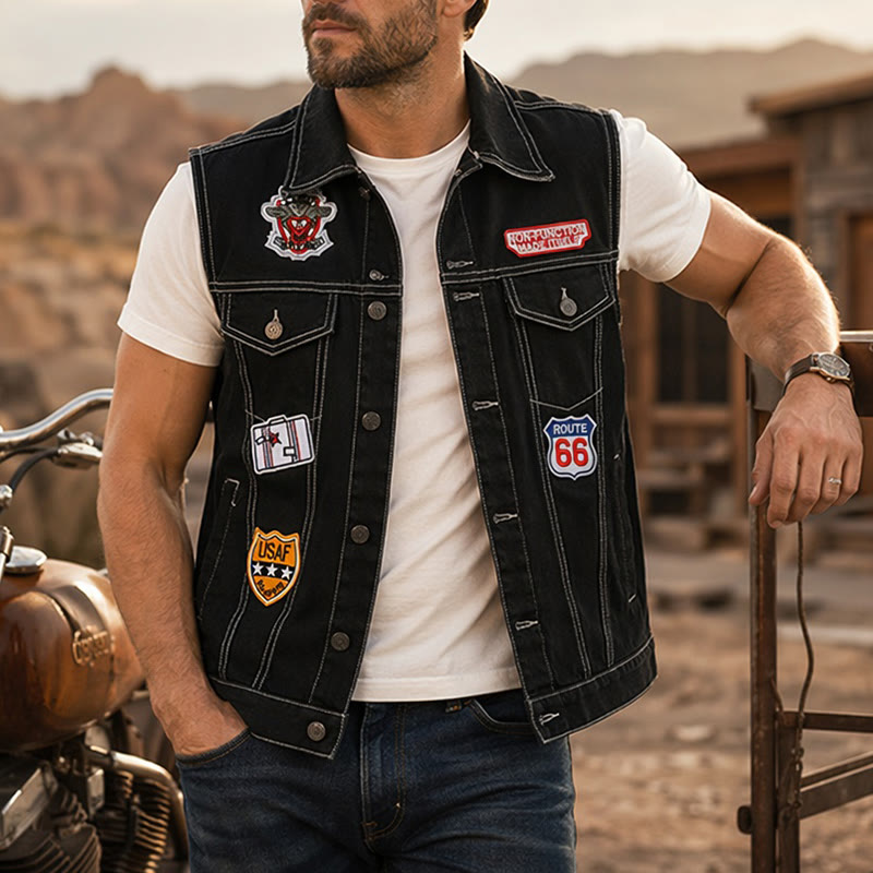 Highway Rebel Patchwork-Jeansweste aus schwarzem Denim - Schwarz - 5XL - image 0