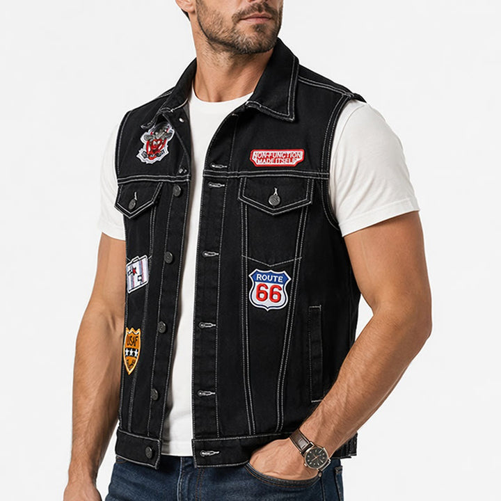 Highway Rebel Patchwork-Jeansweste aus schwarzem Denim - image 3