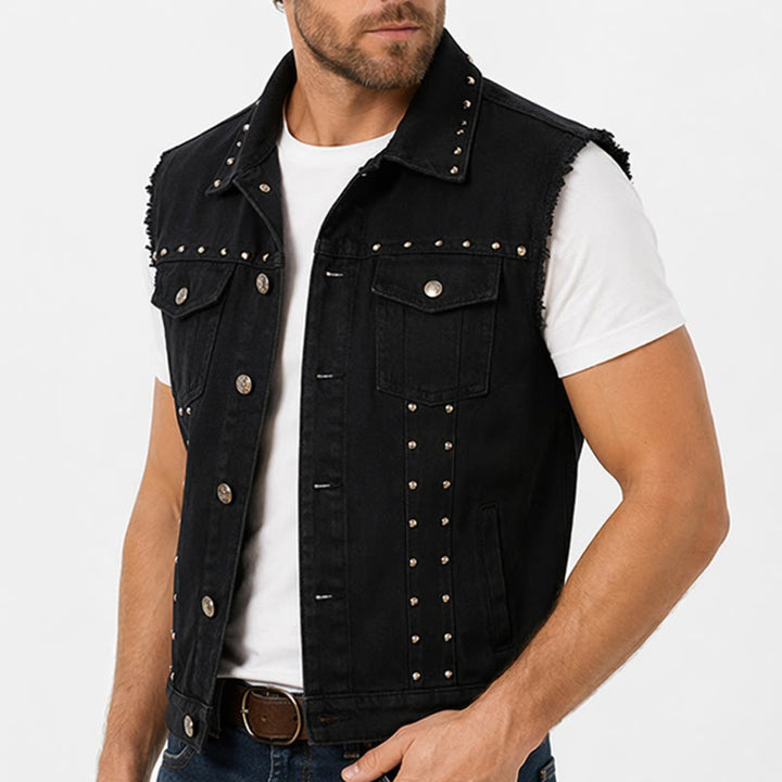 Schwarze Jeansweste mit Nietenkragen im Punk-Rock-Stil - image 1