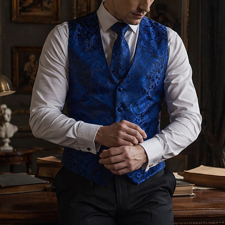 Herren-Weste im Vintage-Paisley-Jacquard-Muster, formelle Anzugweste - Dunkelblau - 3XL - image 4