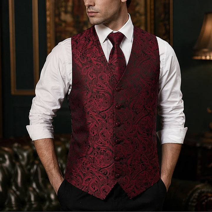 Herren-Weste im Vintage-Paisley-Jacquard-Muster, formelle Anzugweste - Wein - 3XL - image 6