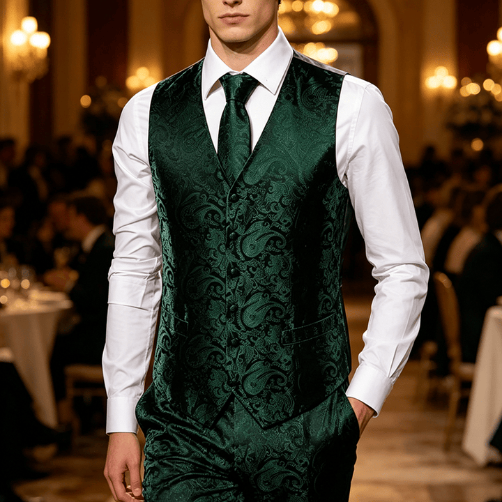 Herren-Weste im Vintage-Paisley-Jacquard-Muster, formelle Anzugweste - Dunkelgrün - 3XL - image 5
