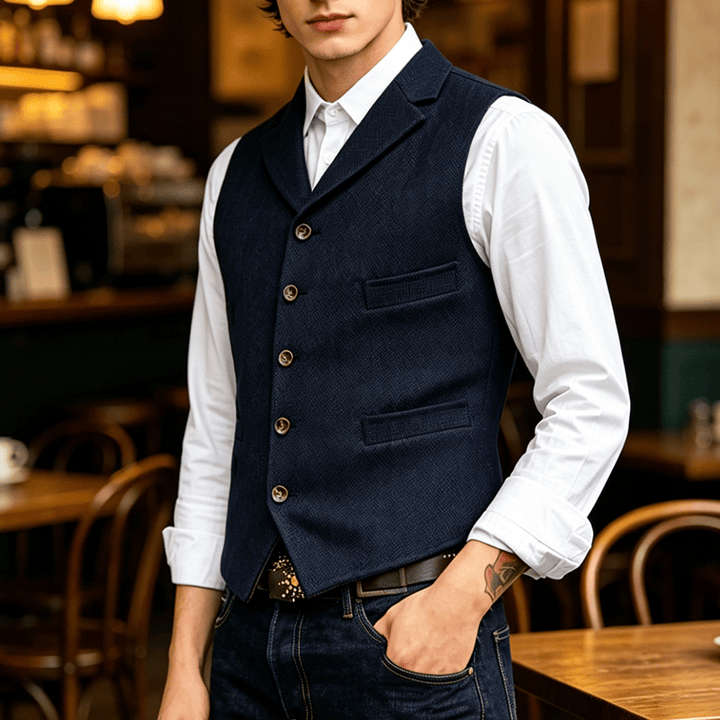 Herren-Anzugweste mit Fischgrätmuster und Zierkette - Marineblau - 4XL - image 8