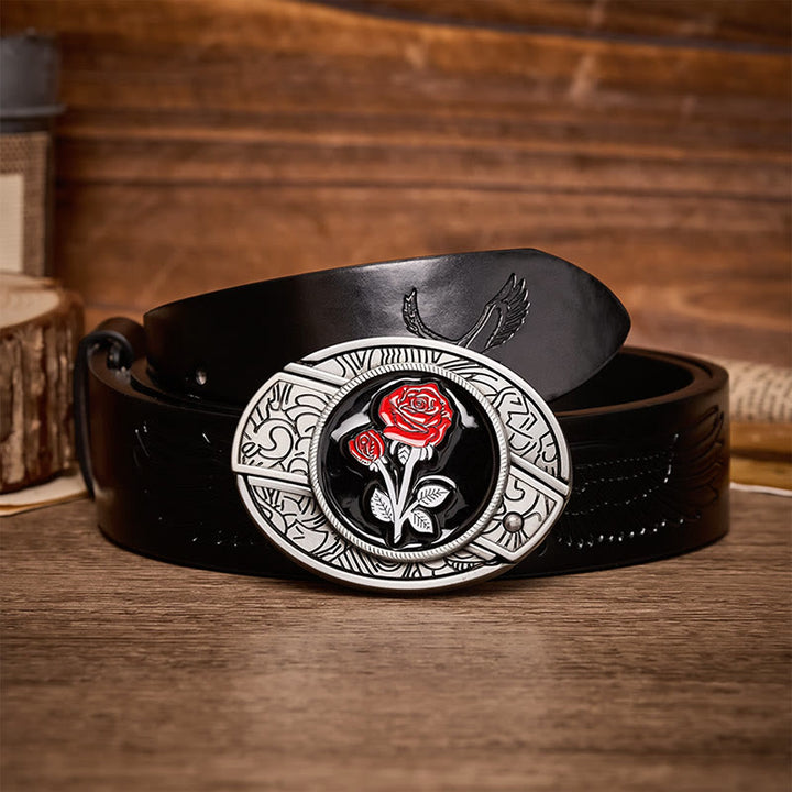 Romantischer Ledergürtel mit roter Rose, DIY-Versteckte Klappmesserschnalle - Rote Rose - Schwarzer Gürtel mit Adlerprägung - 42 - image 2