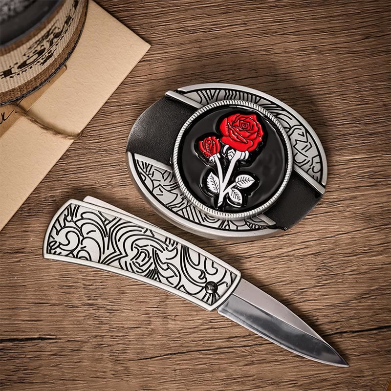 Romantischer Ledergürtel mit roter Rose, DIY-Versteckte Klappmesserschnalle - image 1