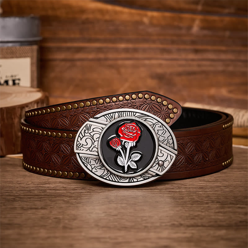 Romantischer Ledergürtel mit roter Rose, DIY-Versteckte Klappmesserschnalle - Rote Rose - Brauner Nietgürtel - 42 - image 4