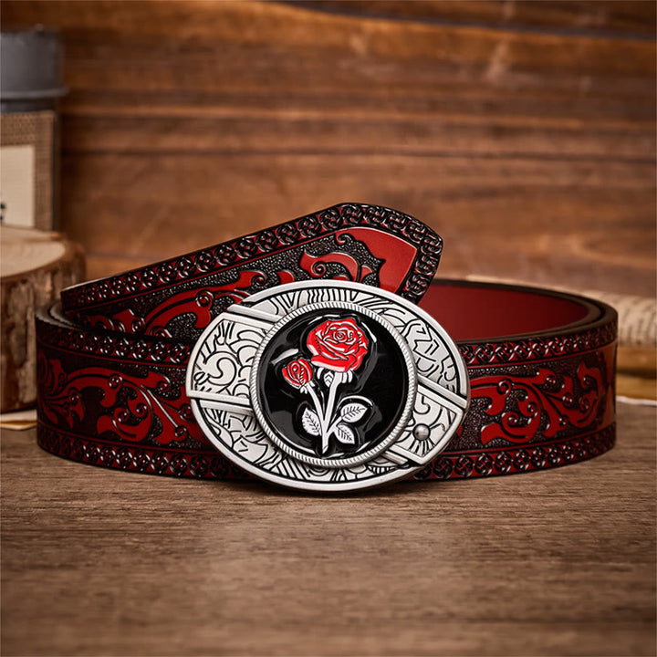 Romantischer Ledergürtel mit roter Rose, DIY-Versteckte Klappmesserschnalle - Rote Rose - Brauner geschnitzter Gürtel - 42 - image 6
